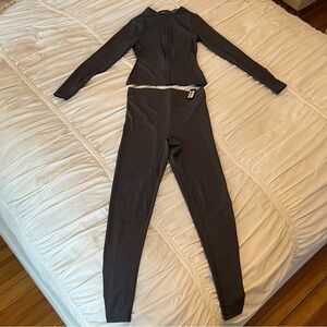 Lounge Essential Long Sleeve Zip Up Workout Top (S) & Leggings (M) Smoked Blue